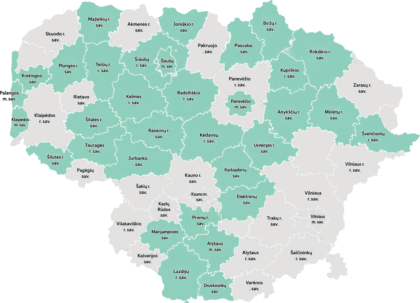 Lietuvos savivaldybių žemėlapis: semiplius naudojančios savivaldybės pažymėtos žalia spalva
